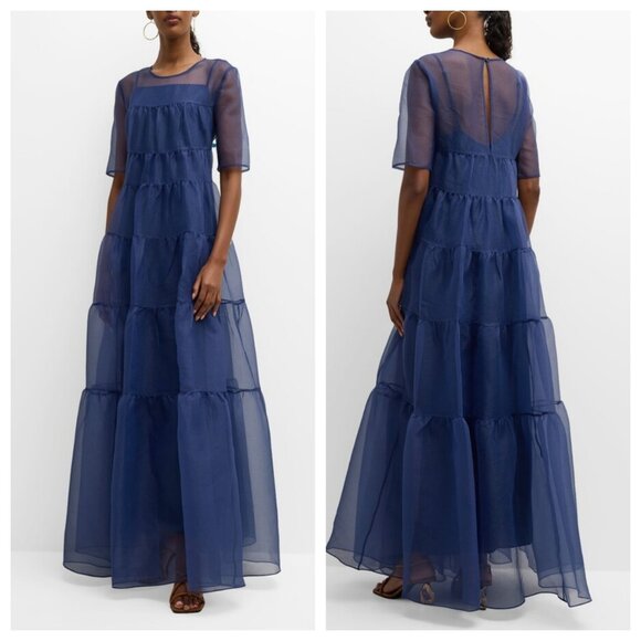 STAUD Hyacinth Short-Sleeve Tiered Organza Maxi Dress Navy - Picture 1 of 4